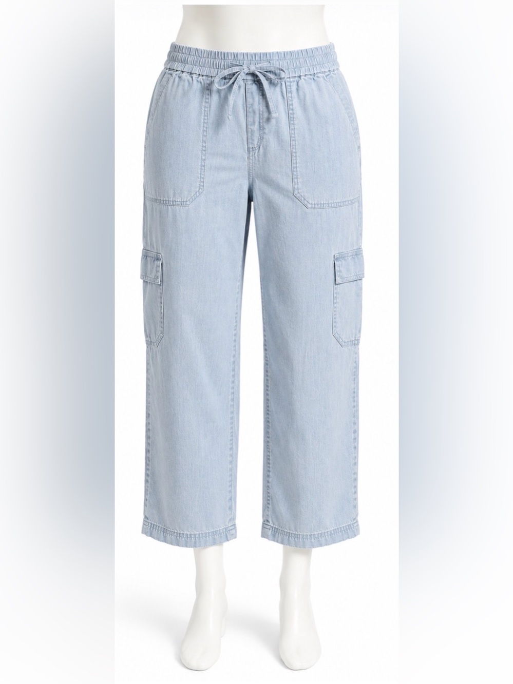 J Crew Factory women’s Chambray drawstring cargo cropped pant light blue Size 8